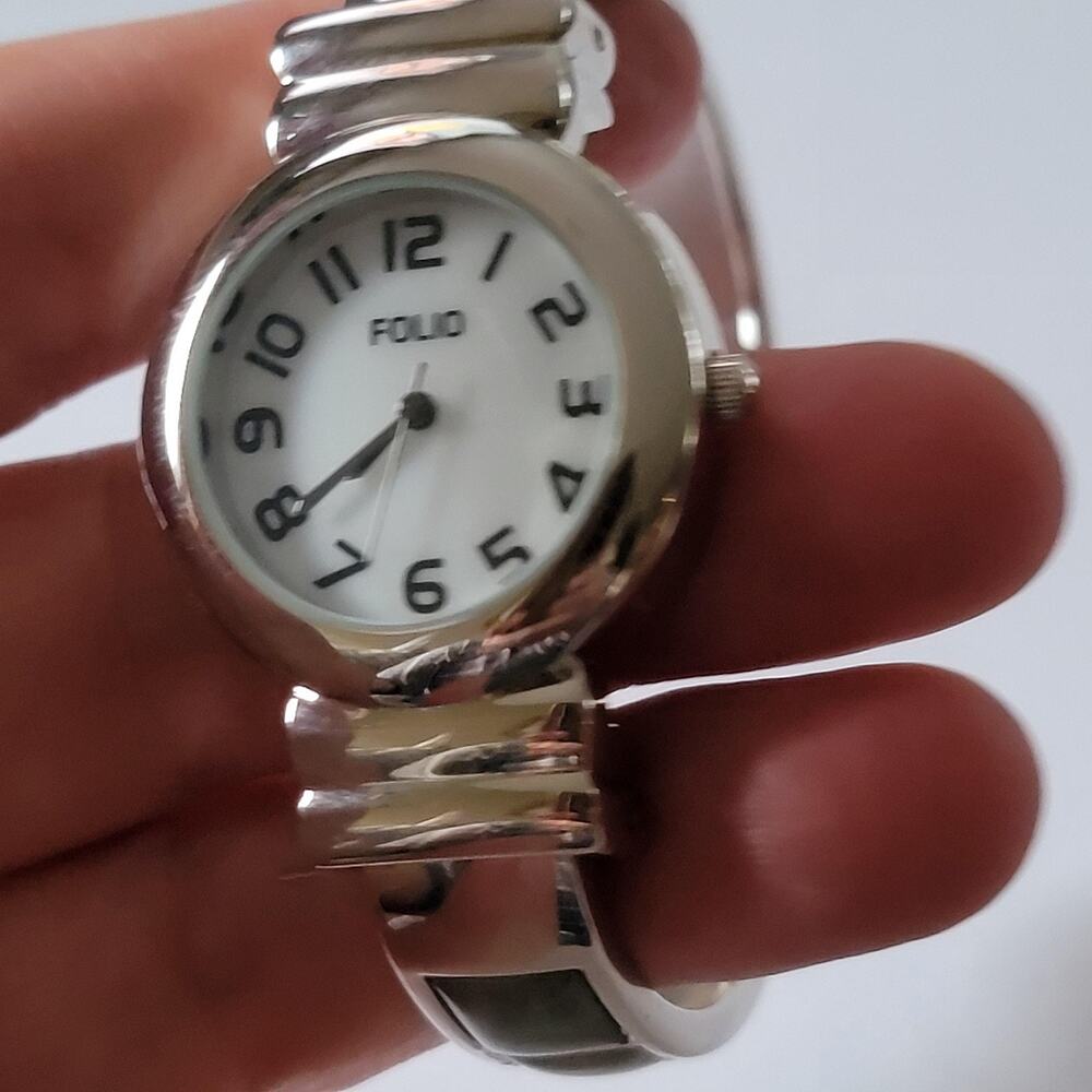 Folio Watch Women Silver Tone Bangle Cuff White Dial Arabic Quartz Casual